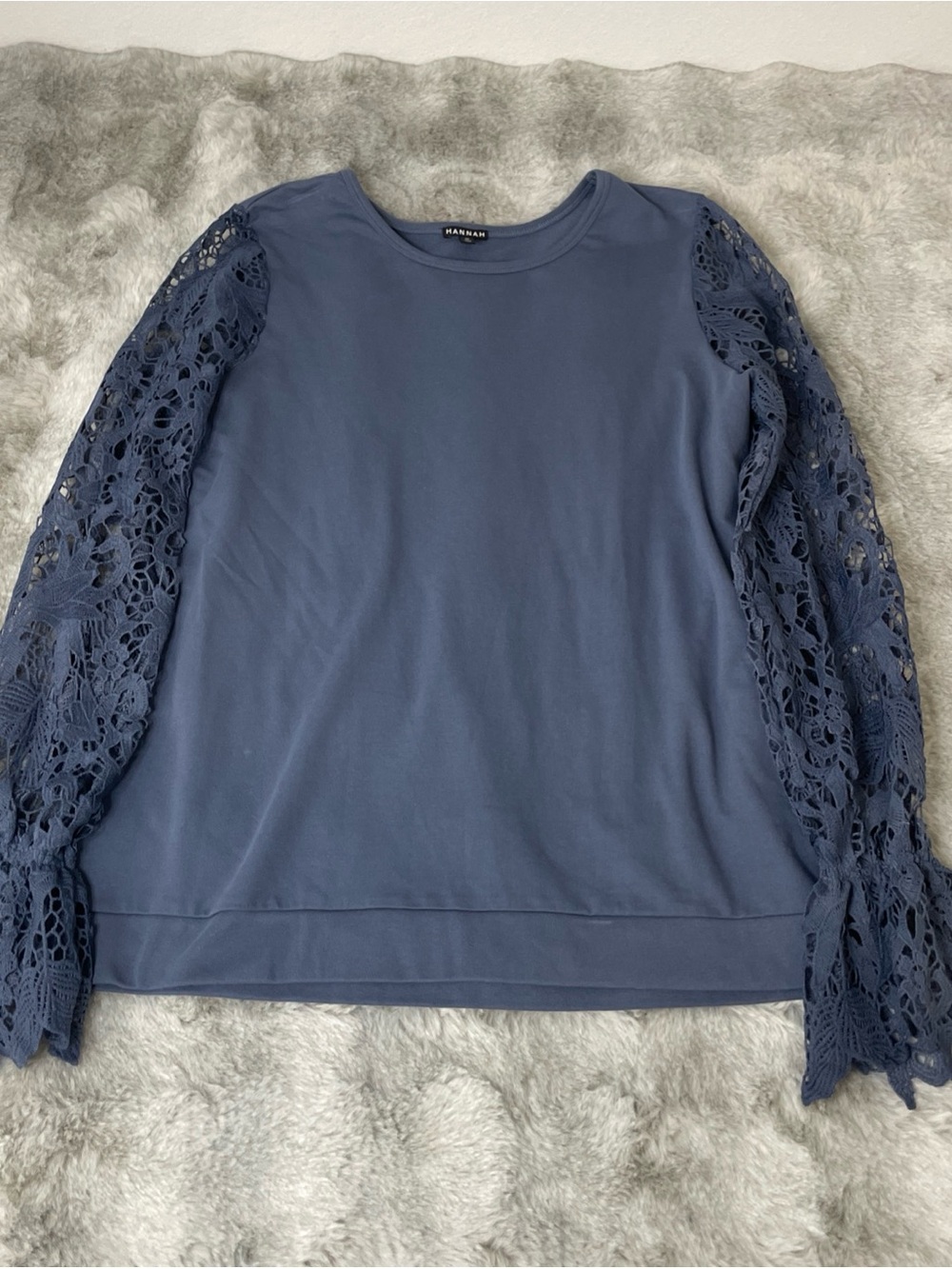 Hannah Navy Crochet Lace Sleeve Sweatshirt-0307
